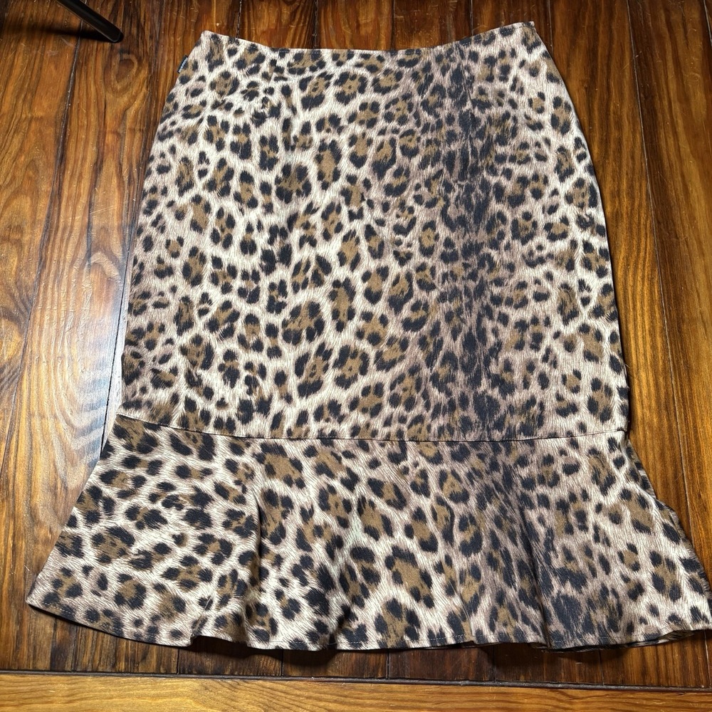Vtg Moschino Jeans Leopard Animal Print Pencil Ruffle Hem Skirt Womens Sz 10